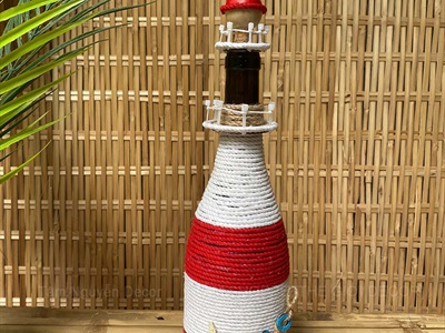 Ngọn hải đăng chai thuỷ tinh Handmade đính sò ốc [Thủ công - Sò ốc thật] C35cm CHAILO-HM-07